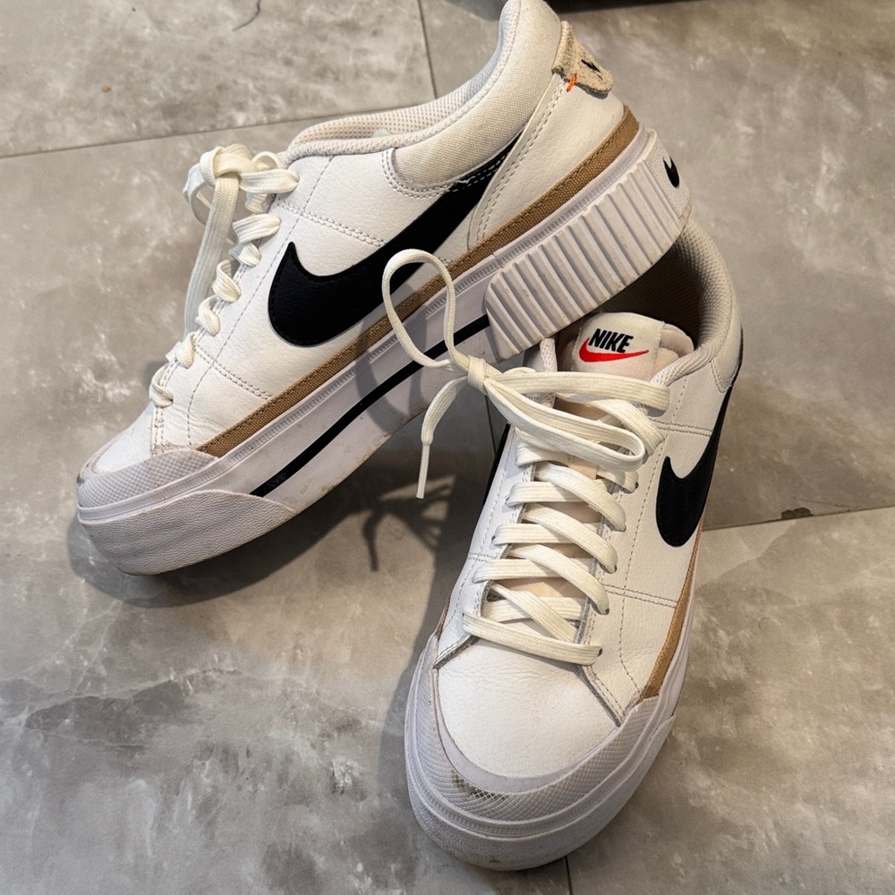 Nike White Low-Top Platform Sneakers with Black Swoosh and Tan Accent
